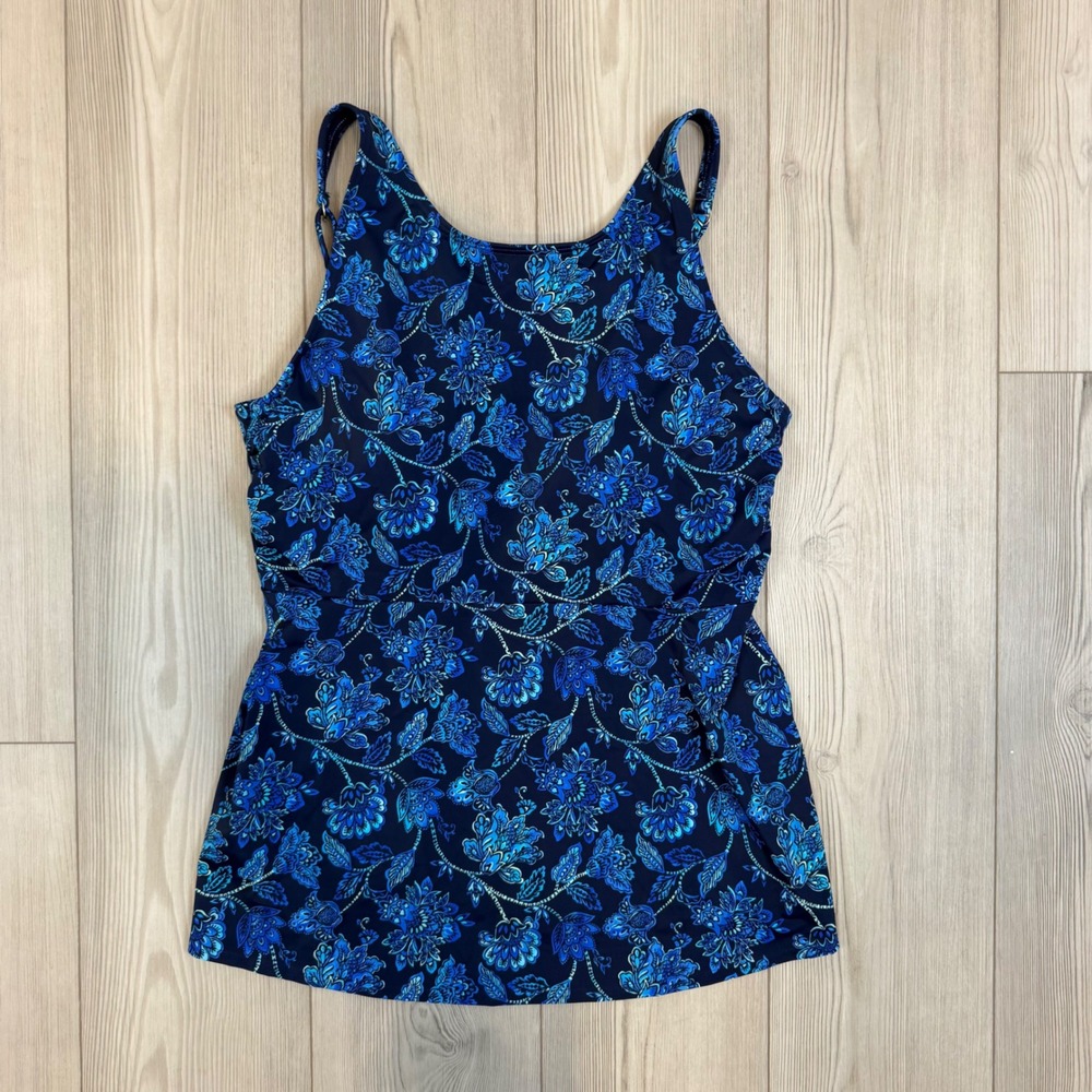 Lands' End Blue Floral Paisley Tankini Top High Neck Adjustable Straps XL 18